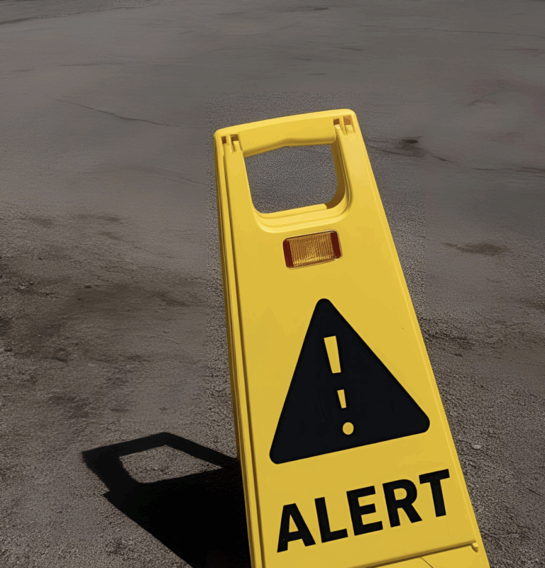 A bright yellow A-frame warning sign with a black triangular '!' symbol and the word 'ALERT' in black capital letters, casting a shadow on a concrete or asphalt surface.
